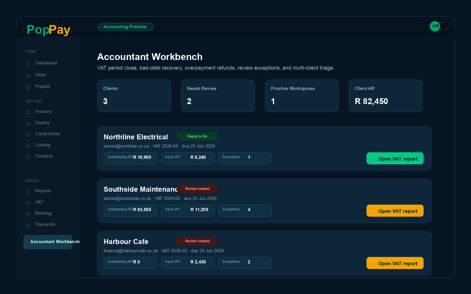 Accountant Workbench in PopPay showing multiple client businesses and VAT review status