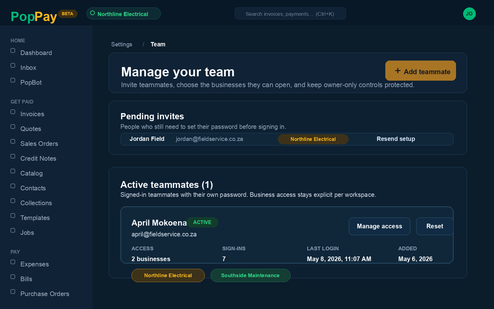 Active teammates section in PopPay showing access and sign-ins