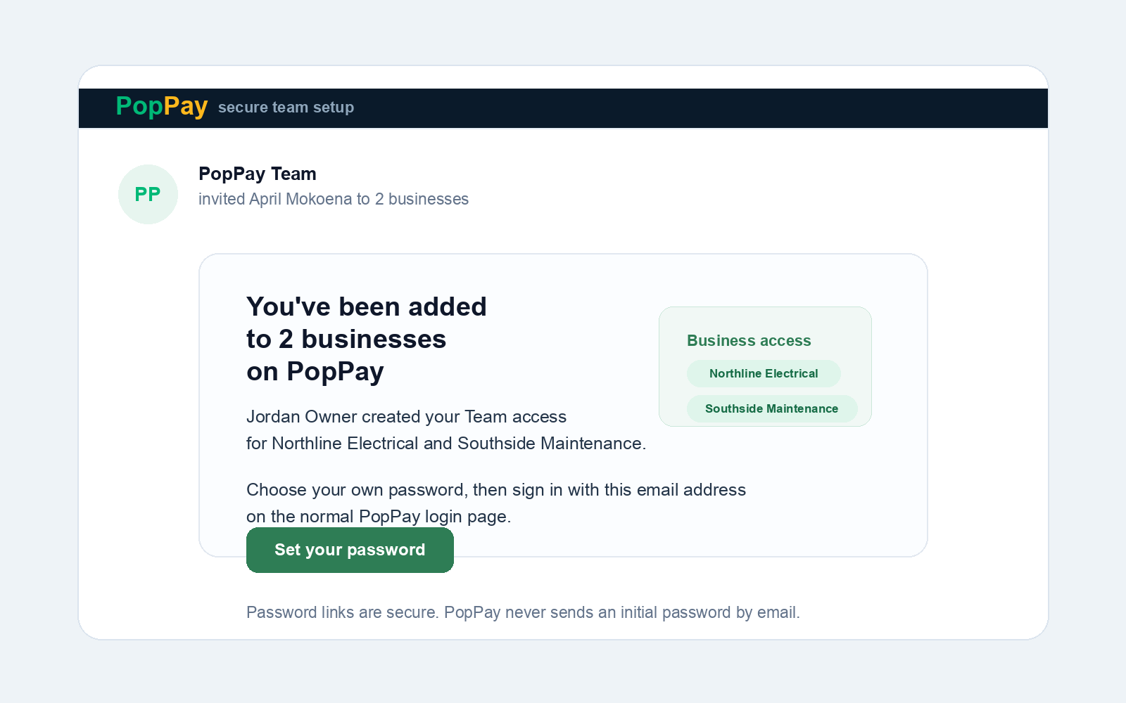 Team setup email in PopPay with a secure password link